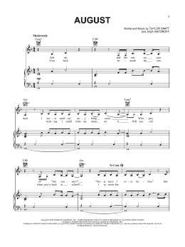 page one of august (Piano, Vocal & Guitar Chords (Right-Hand Melody))