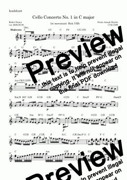 page one of Haydn - Cello Concerto No. 1 in C Major - Moderato - Concierto para violonchelo - Concerto pour violoncelle en Do Majeur - Cellokonzert - Concierto para violonchelo - チェロ協奏曲第1番 (ハイドン) - 첼로 협주곡 1번 (하이든) - Celloconcert - PDF lead sheet Melody + chords