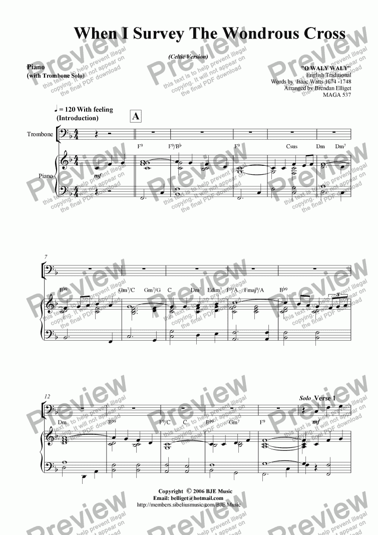 page one of When I Survey The Wondrous Cross (Celtic Version) - Trombone Solo and Piano