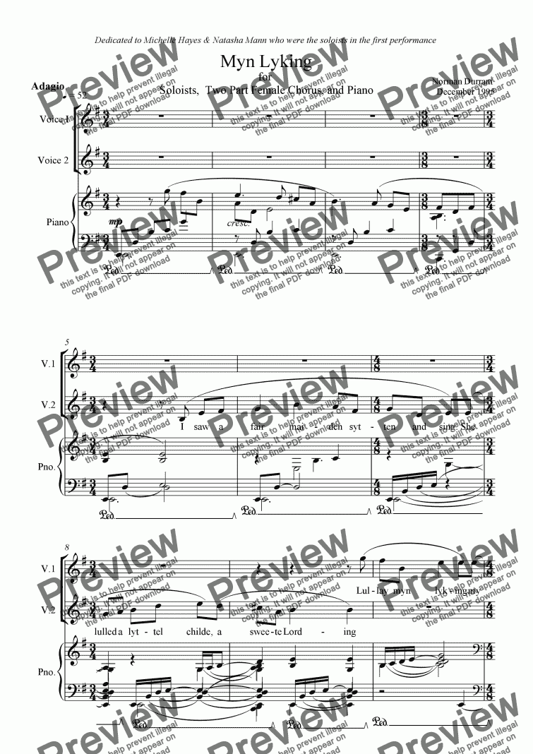 page one of Myn Lyking for Soloists, Two Part Female Chorus and Piano