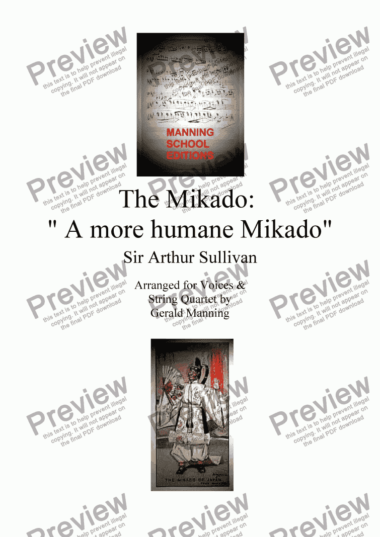 page one of Gilbert & Sullivan - Songs from the Savoy Operas - The Mikado: "A more humane Mikado" - arr. for Voices & String Quartet by Gerald Manning