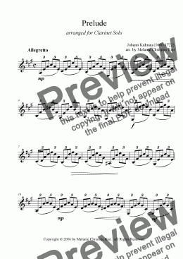 page one of Kuhnau Prelude (clarinet, arr. by Melanie C. Rist)