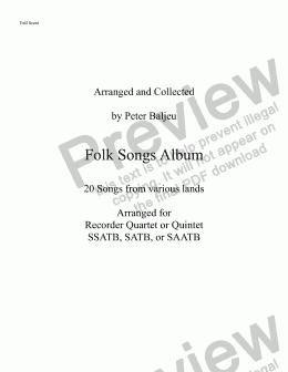 page one of Album of Folk Songs for Recorder Quintet