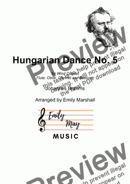 page one of Hungarian Dance No. 5 - J. S. Brahms (for Woodwind Quartet)