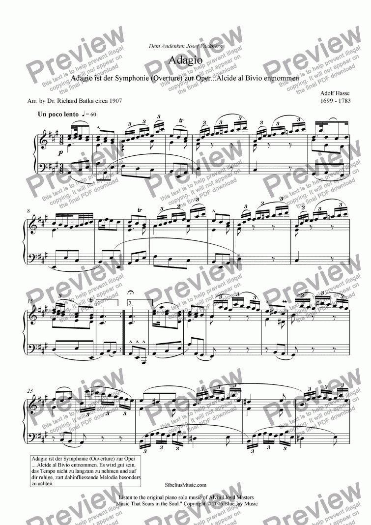 page one of 1907 arrangement of Hasse's Adagio for piano