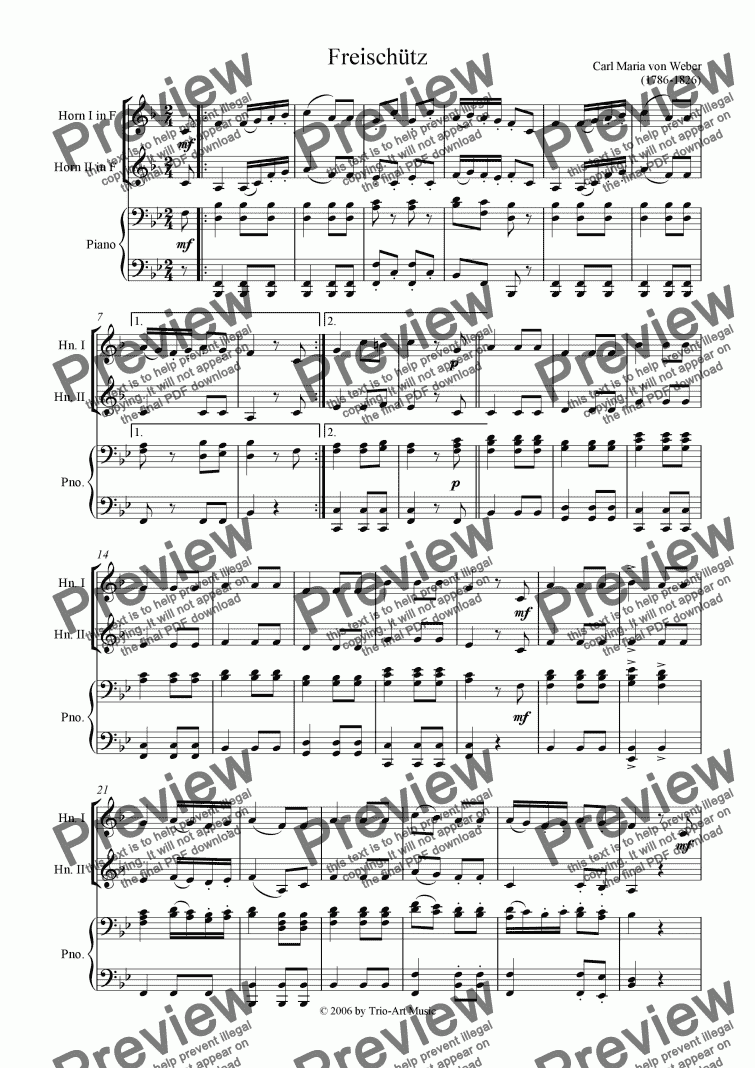 page one of Freischuetz - Jaeger Chor for 2 horns and piano