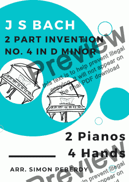 page one of Bach 2 Part Invention No. 4 in D minor arranged for two pianos by Simon Peberdy