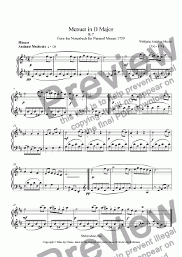 page one of 1759 Mozart,s Menuet in D Major K.7