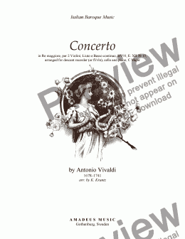 page one of Concerto in D Major RV93, E. XII No. 15 for descant recorder, cello and piano (C Major)