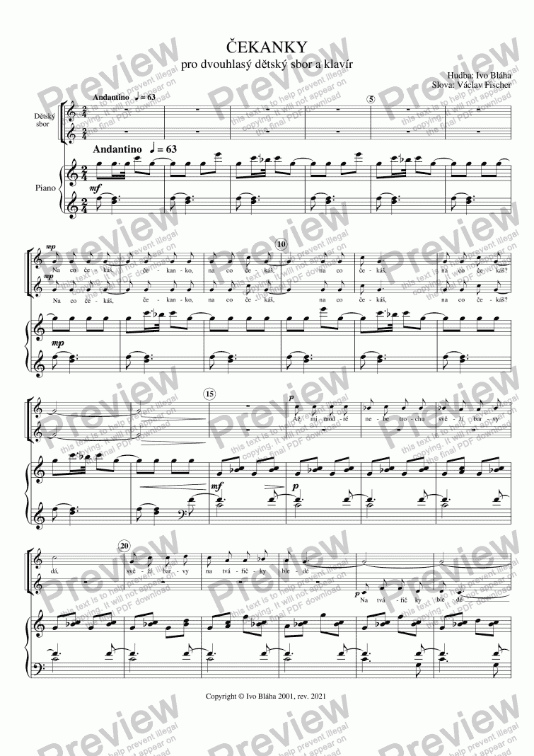 page one of ČEKANKY (Chicories) pro dvouhlasý dětský sbor a klavír (Czech words)