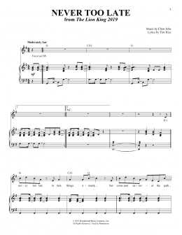 page one of Never Too Late (from The Lion King 2019) (Piano & Vocal)