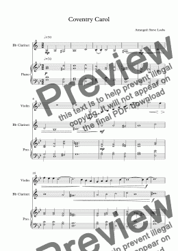 page one of Coventry Carol (Piano Violin Clarinet) - Score and parts
