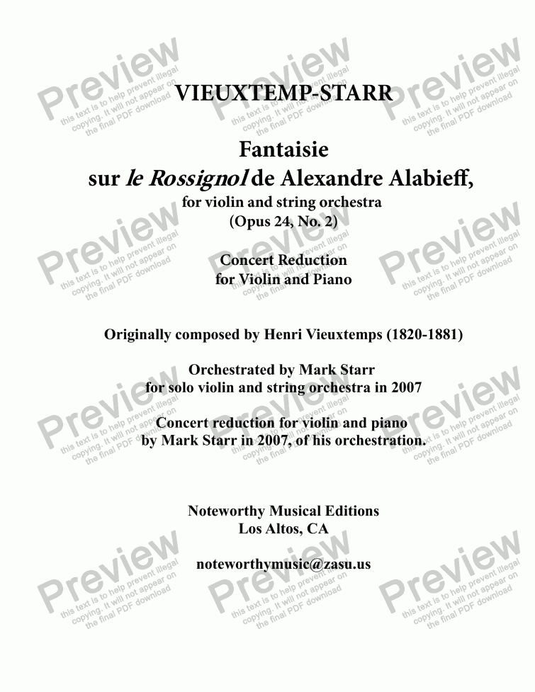 page one of VIEUXTEMPS - STARR: Fantaisie sur Le Rossignol de Alexandre Alabieff, for violin and piano