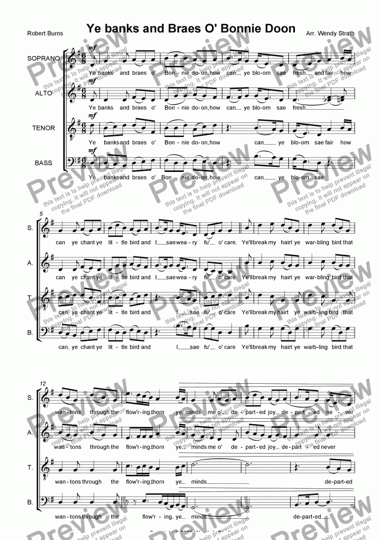 page one of Ye banks and braes (SATB)