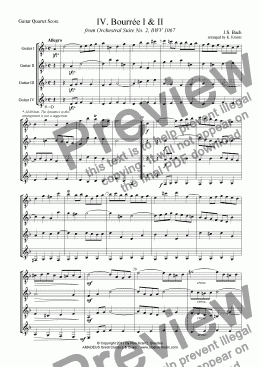 page one of Bourrée from suite 2 BWV 1067 for guitar quartet