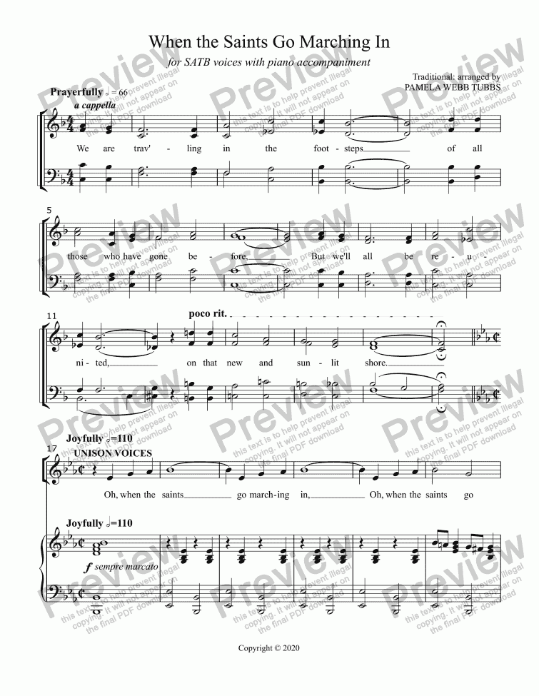 page one of When the Saints Go Marching In [TRADITIONAL] for SATB voices with piano accompaniment, arr. by Pamela Webb Tubbs