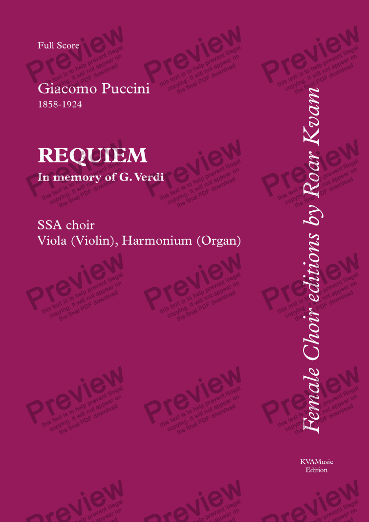 page one of Puccini:  Requiem (SSA choir, viola (violin), harmonium (organ)