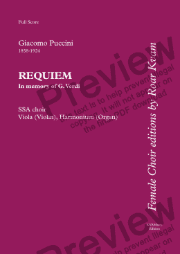 page one of Puccini:  Requiem (SSA choir, viola (violin), harmonium (organ)
