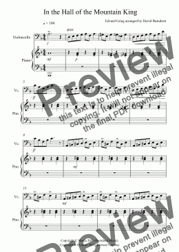 page one of In the Hall of the Mountain King for Cello and Piano