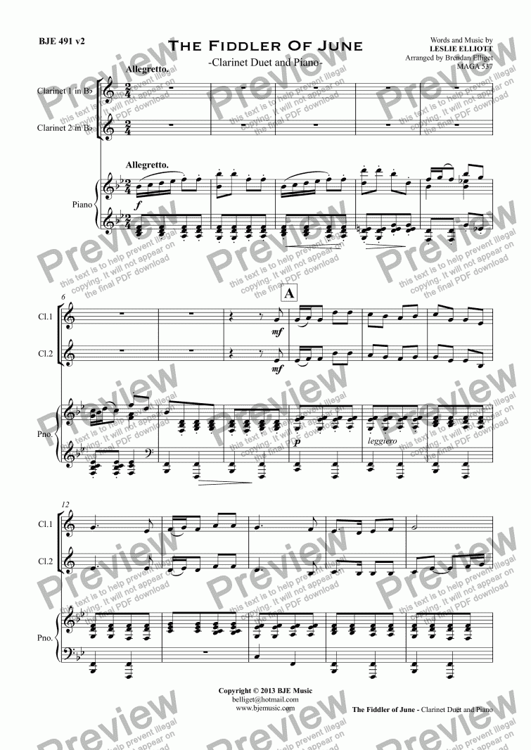 page one of The Fiddler Of June  - Clarinet Duet and Piano