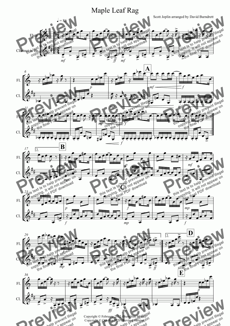 page one of Maple Leaf Rag for Flute and Clarinet Duet