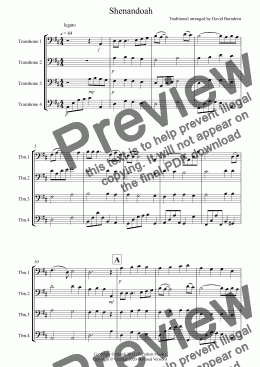 page one of Shenandoah for Trombone Quartet
