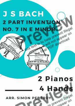 page one of Bach 2 Part Invention No. 7 in E minor for 2 pianos, 4 hands (second piano part by Simon Peberdy)