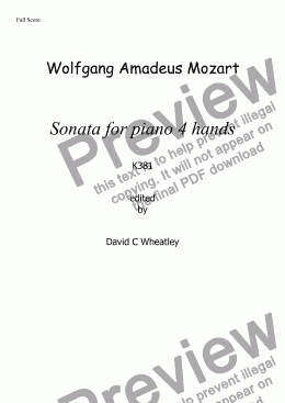 page one of Mozart - Sonata for piano 4 hands  in D K381 edited by David Wheatley