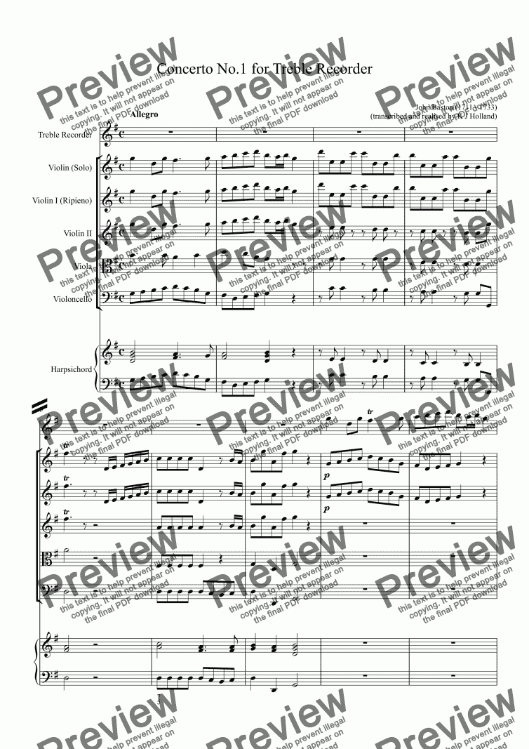 page one of Concerto No.1 for Treble Recorder