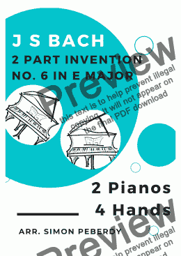 page one of Bach 2 Part Invention No. 6 for 2 Pianos (additional piano part by Simon Peberdy)