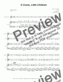 page one of O Come, Little Children (Duet for Bb-Trumpet and French Horn)
