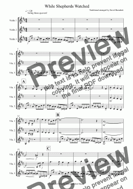 page one of While Shepherds Watched (Jazzy Version!) for Violin Trio