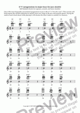 page one of ii V I progressions in major keys for jazz ukulele (left hand)