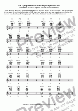 page one of ii V i progressions in minor keys for jazz ukulele (left hand)
