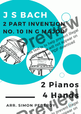 page one of Bach 2 Part Invention No. 10 for 2 Pianos (additional piano part by Simon Peberdy)