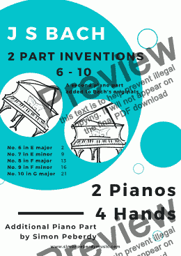 page one of Bach 2 Part Inventions 6-10 for 2 pianos, 4 hands (second piano part by Simon Peberdy)
