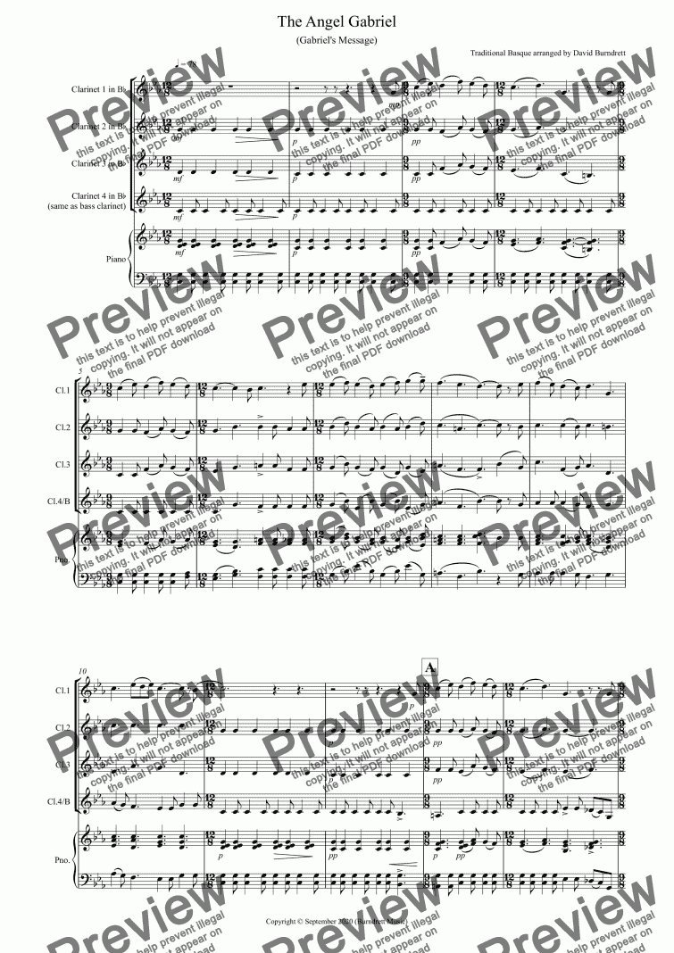 page one of The Angel Gabriel for Clarinet Quartet