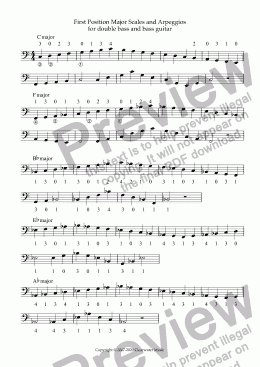 page one of first position major scales and arpeggios for double bass and bass guitar