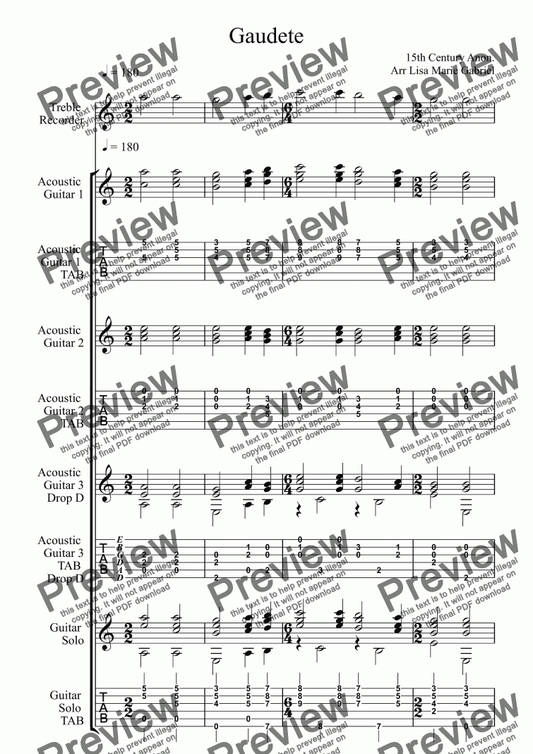 page one of Gaudete Gaudete Christus est Natus - Guitar Trio, with TAB, optional solo part and Treble Recorder