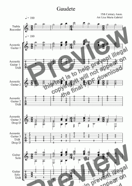 page one of Gaudete Gaudete Christus est Natus - Guitar Trio, with TAB, optional solo part and Treble Recorder