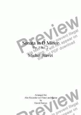 page one of Sonata in D Minor Op III/2 (Recorder or Flute and Guitar)