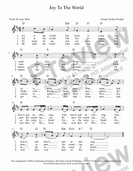 page one of Joy To The World in Original Key of D w/Chords for Keyboard & Guitar