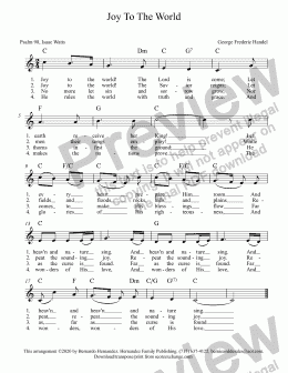 page one of Joy To The World in Key of C w/Chords for Keyboard & Guitar