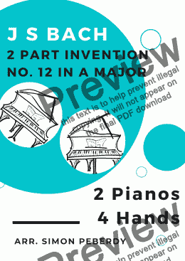 page one of Bach 2 Part Invention No. 12 in A major for 2 pianos (additional piano part by Simon Peberdy)