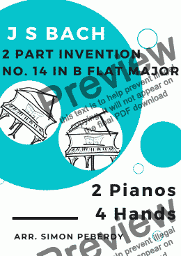 page one of Bach 2 Part Invention No. 14 in B flat major for 2 pianos, 4 hands (second piano part by Simon Peberdy)