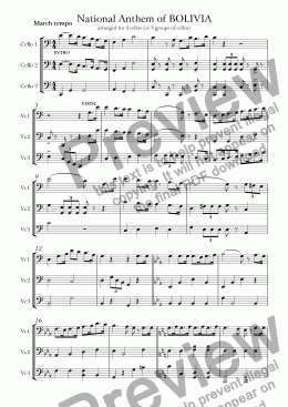 page one of National Anthem of BOLIVIA, arr for 3 (groups of) cellos: in C (lower/easier)
