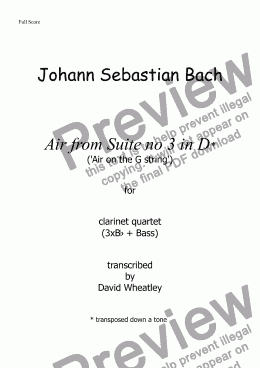 page one of Bach - Air on the G string (Suite no 3 in D) for clarinet quartet