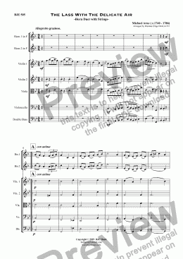 page one of The Lass With The Delicate Air - Horn Duet with Strings