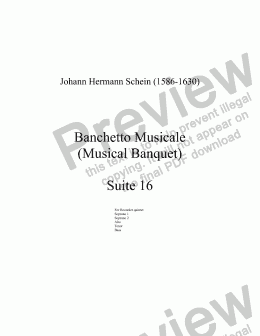 page one of Schein: Banchetto Musicale Suite 16 for Recorder SSATB