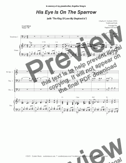 page one of His Eye Is On The Sparrow (with "The King Of Love My Shepherd Is") (Brass Quartet and Piano - Alternate Version)